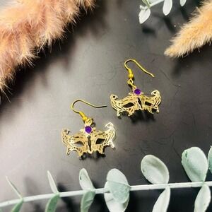 Vintage Carnival Mask Earrings | Delicate Gold Tone Purple Crystal Accent | Boho